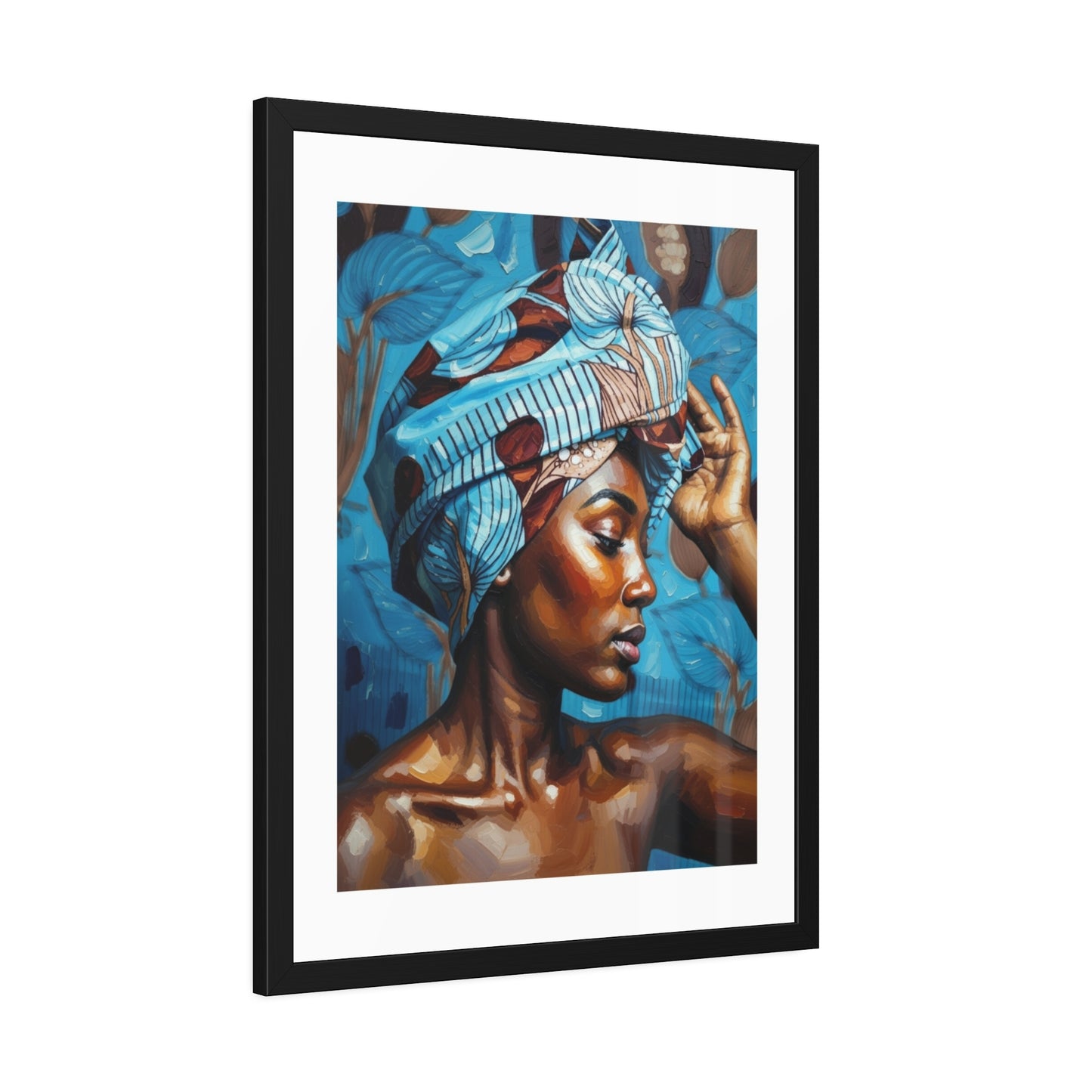 Framed Art Print — Portrait of Woman with Blue Headwrap (Gallery Wall Decor)