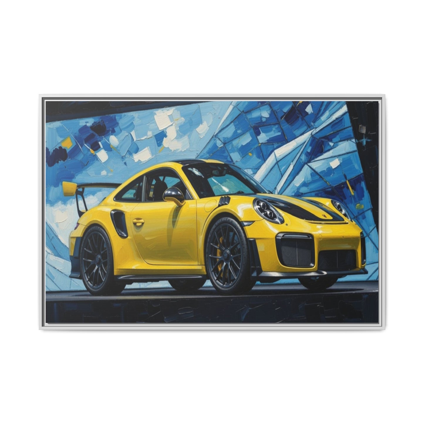 Yellow Porsche Sports Car Matte Framed Canvas – Modern Automotive Wall Art