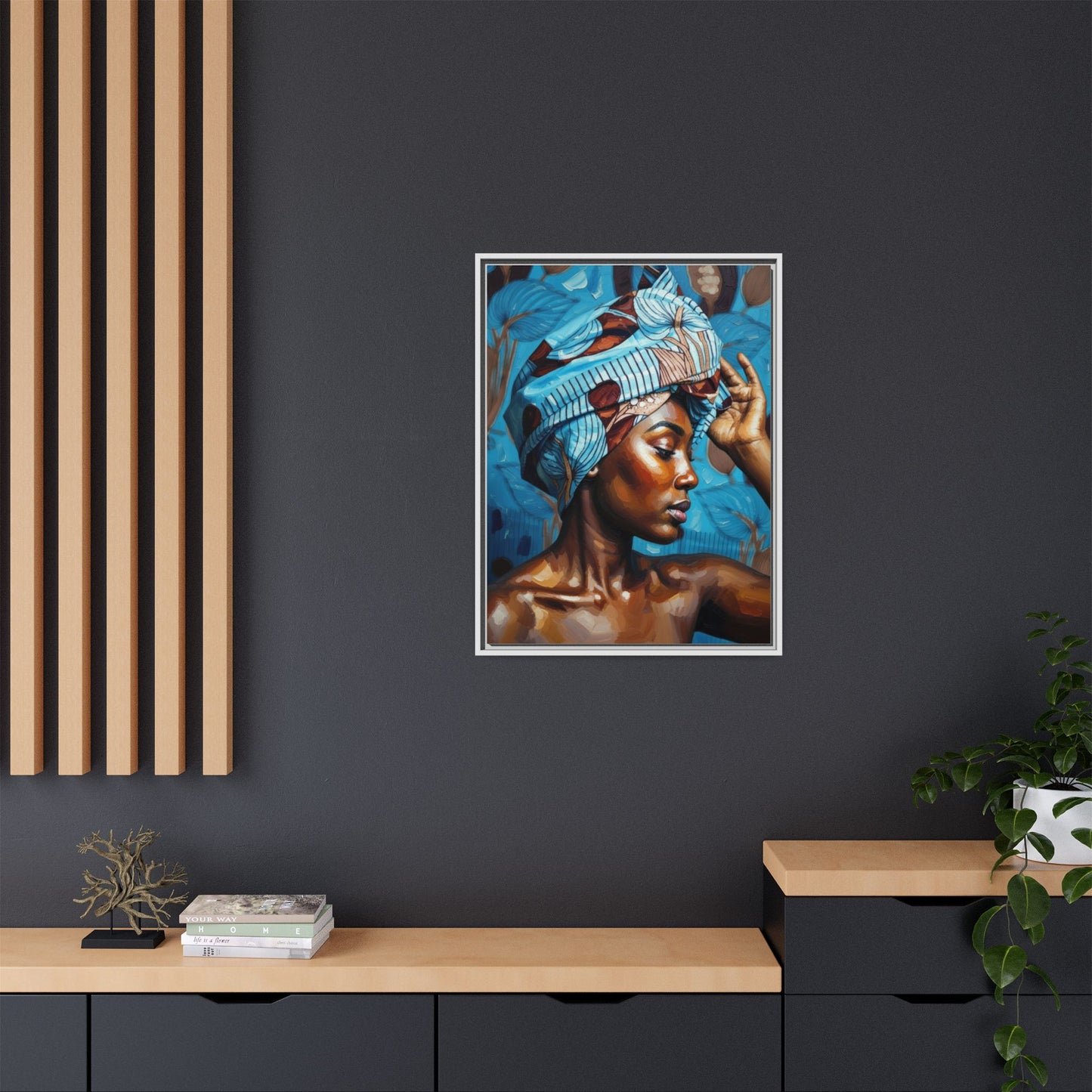 Framed Canvas Art — Portrait of Woman in Blue Headwrap
