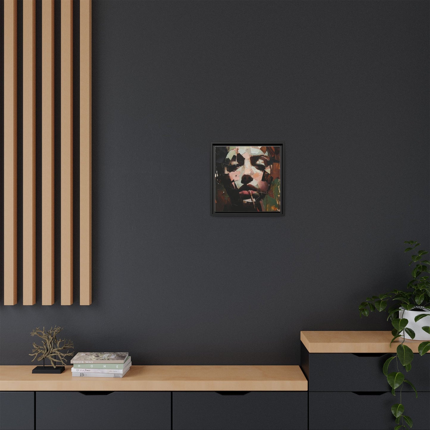Matte Framed Canvas Art — Abstract Female Portrait, Moody Multicolor