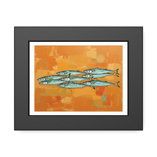 Framed Fish Art Print — School of Mackerel on Orange Abstract Background
