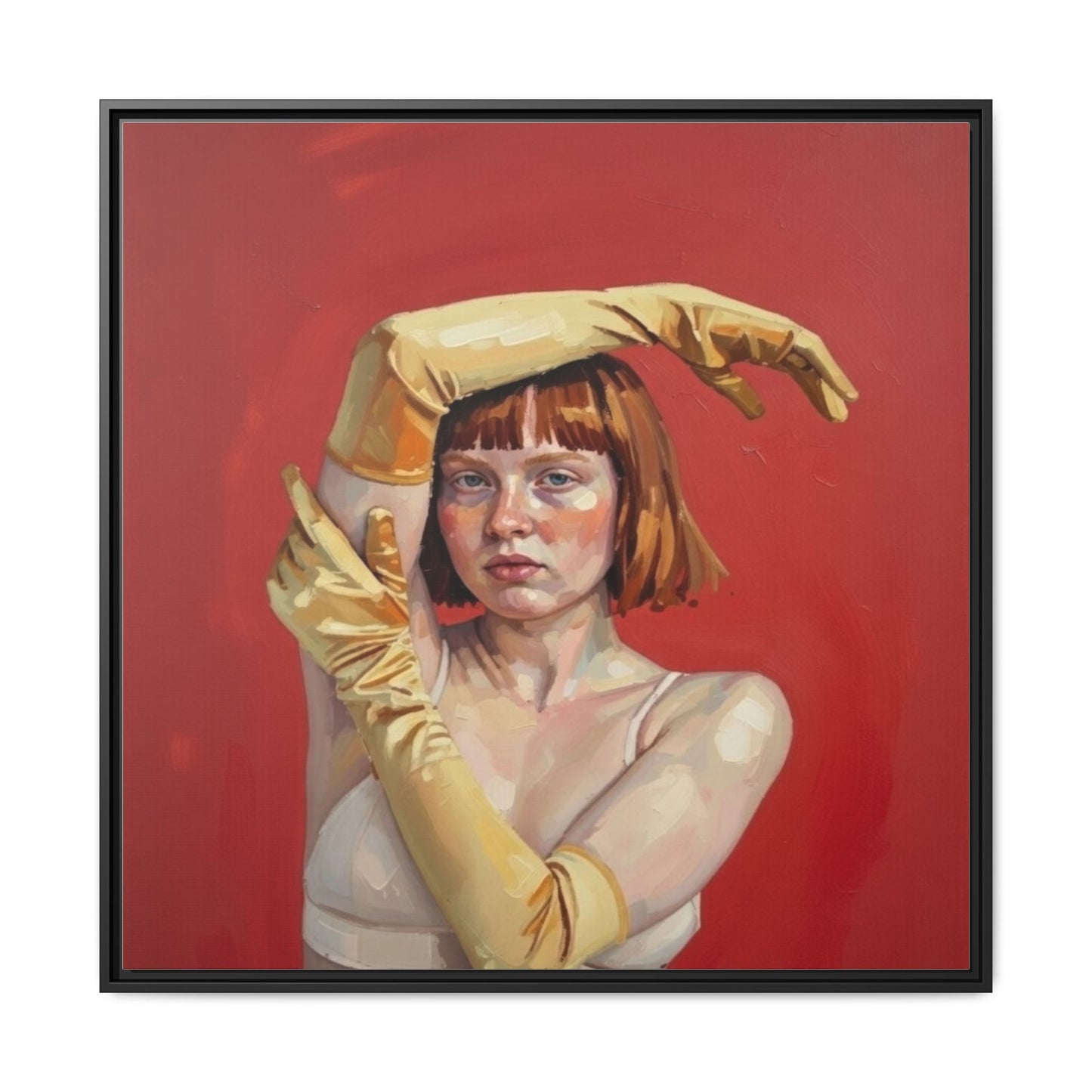 Framed Matte Canvas Art - Portrait of Woman in Yellow Gloves (Red Background)