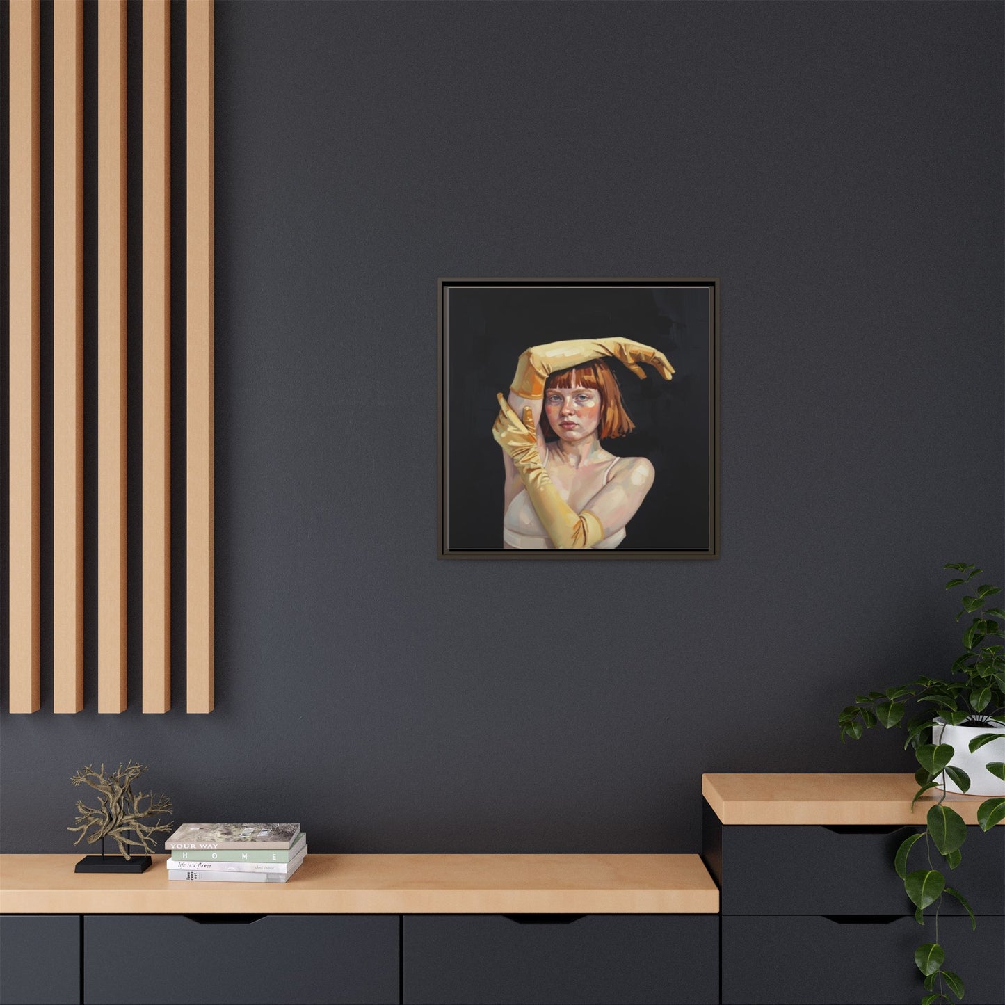 Framed Matte Canvas Art – Portrait of Woman in Yellow Gloves