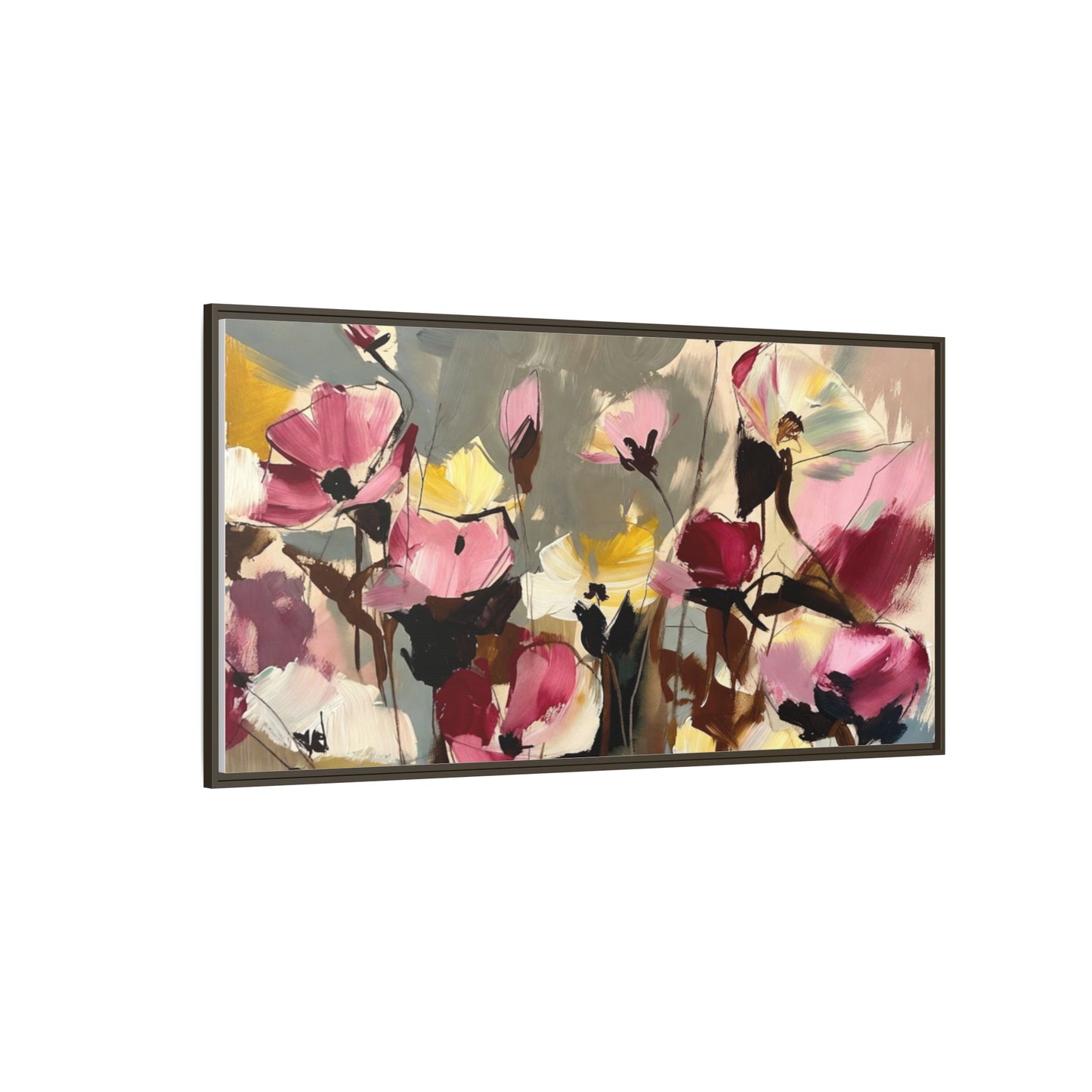 Framed Floral Canvas Wall Art — Abstract Pink & Yellow Flowers