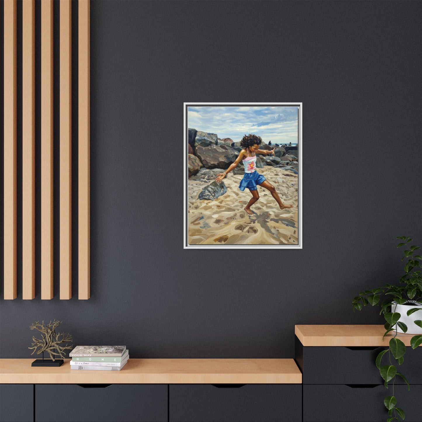 Framed Canvas Art - Girl Dancing on the Beach (Matte Multi-Color)