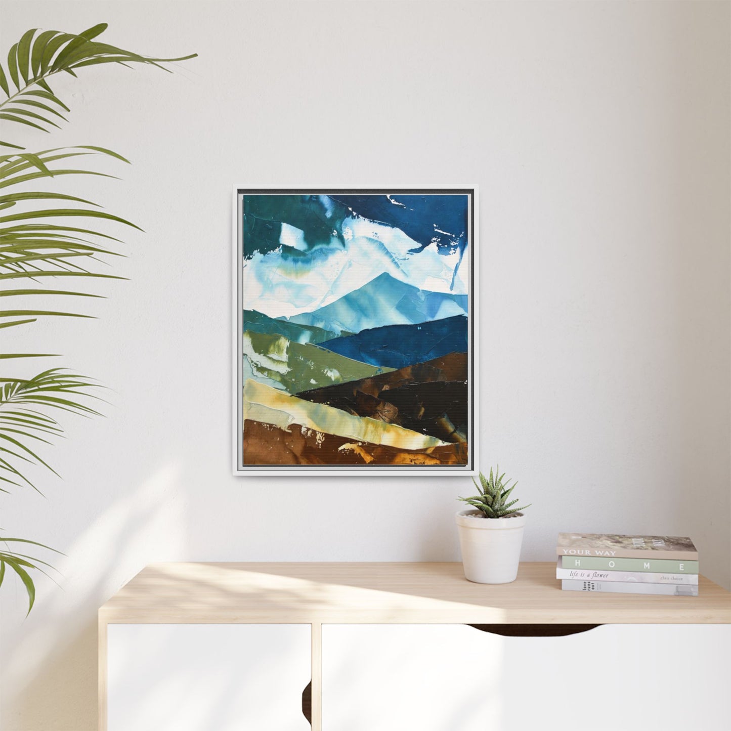 Framed Abstract Mountain Canvas Art — Blue & Earthtone Landscape Print