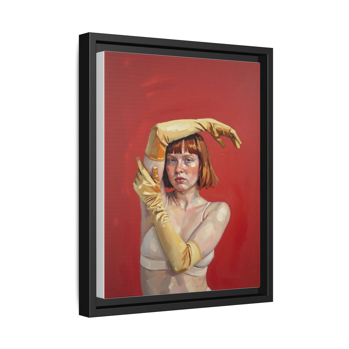 Framed Matte Canvas Art - Portrait of Woman in Yellow Gloves (Red Background)