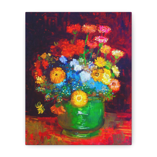 Floral Still Life Canvas Print — Vibrant Bouquet in Green Vase