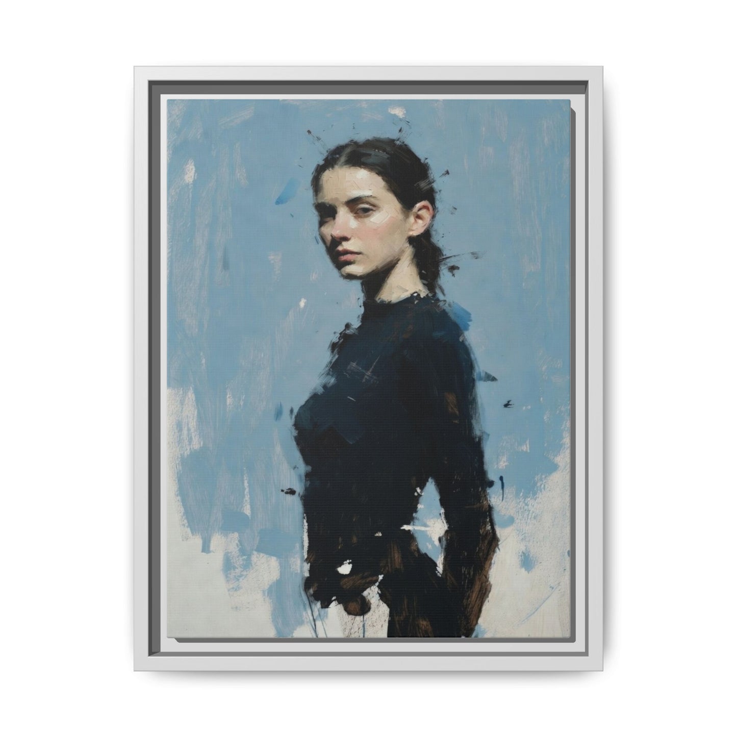 Framed Matte Canvas Portrait Print — Elegant Blue Woman Art