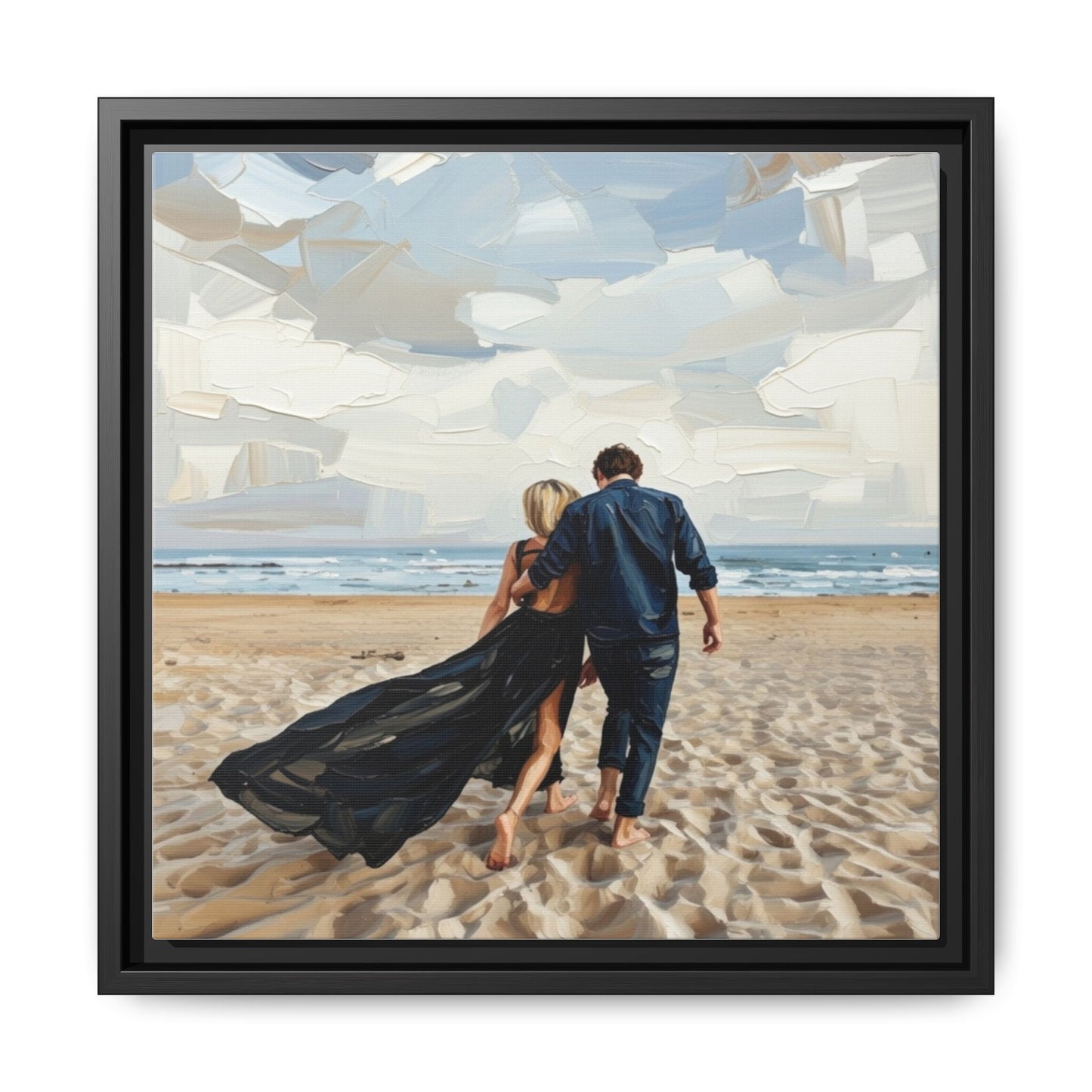 Framed Canvas Wall Art — Romantic Couple Walking on Beach Print