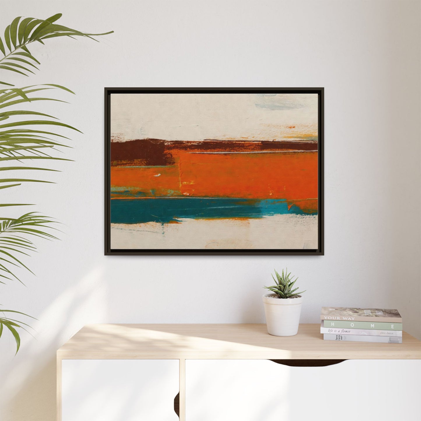 Abstract Horizon Matte Canvas Framed Print — Modern Orange Teal Wall Art