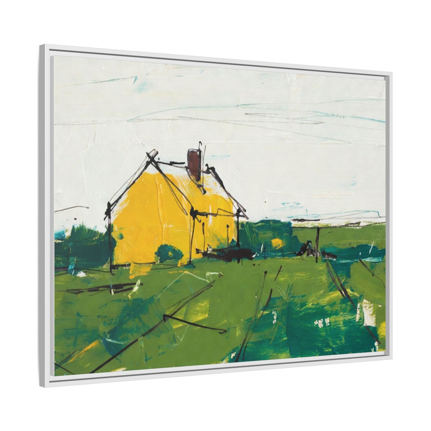 Yellow Cottage Landscape Framed Canvas Print