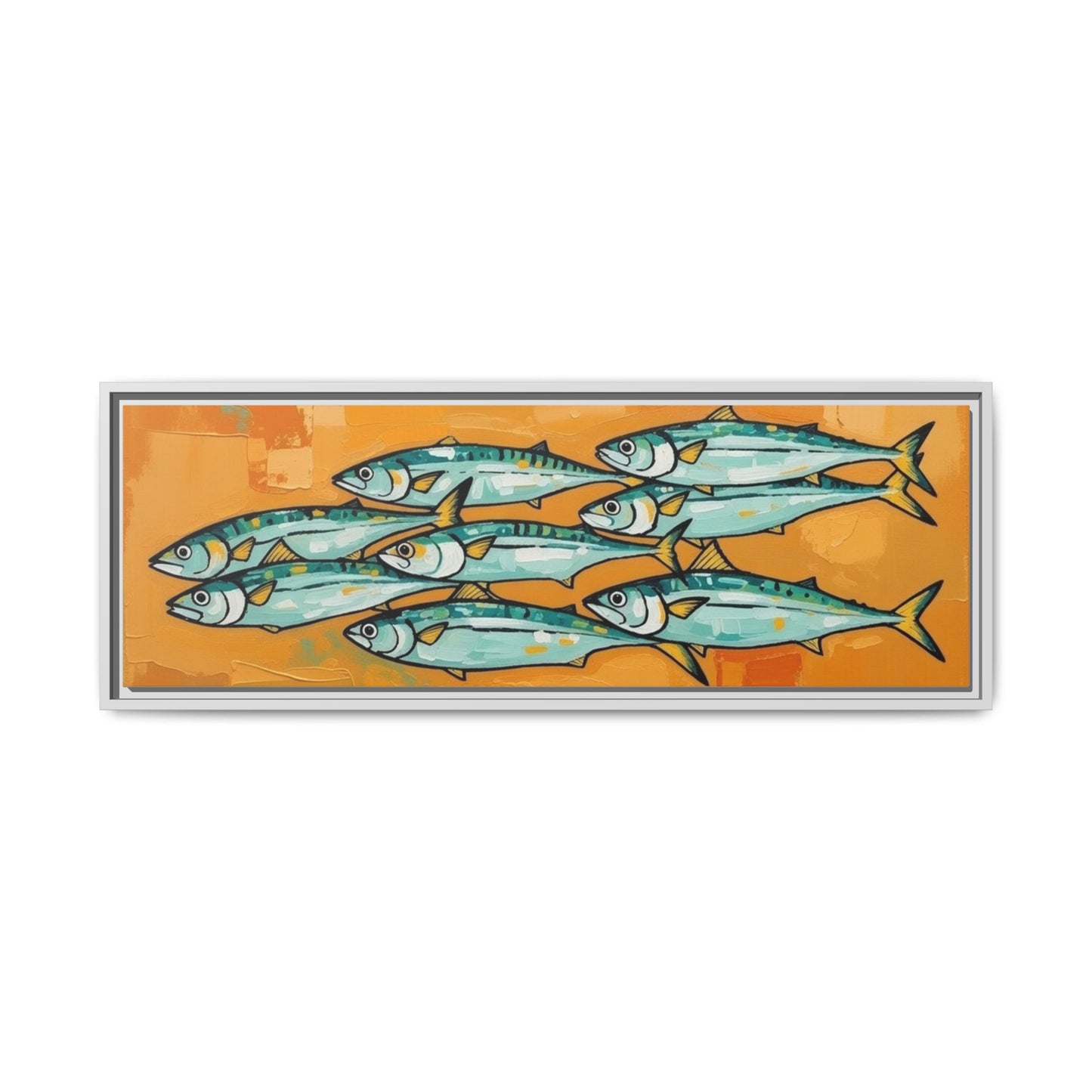Framed Matte Canvas Print — School of Blue Fish on Orange Abstract Background