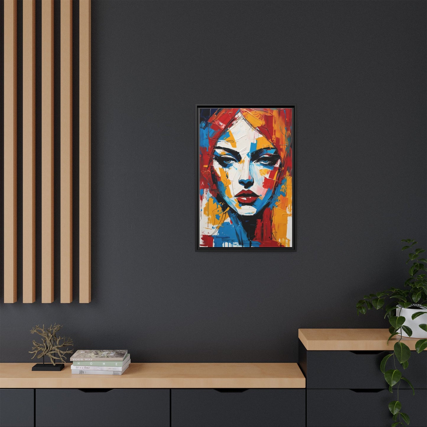 Framed Abstract Portrait Canvas — Colorful Female Face Wall Art