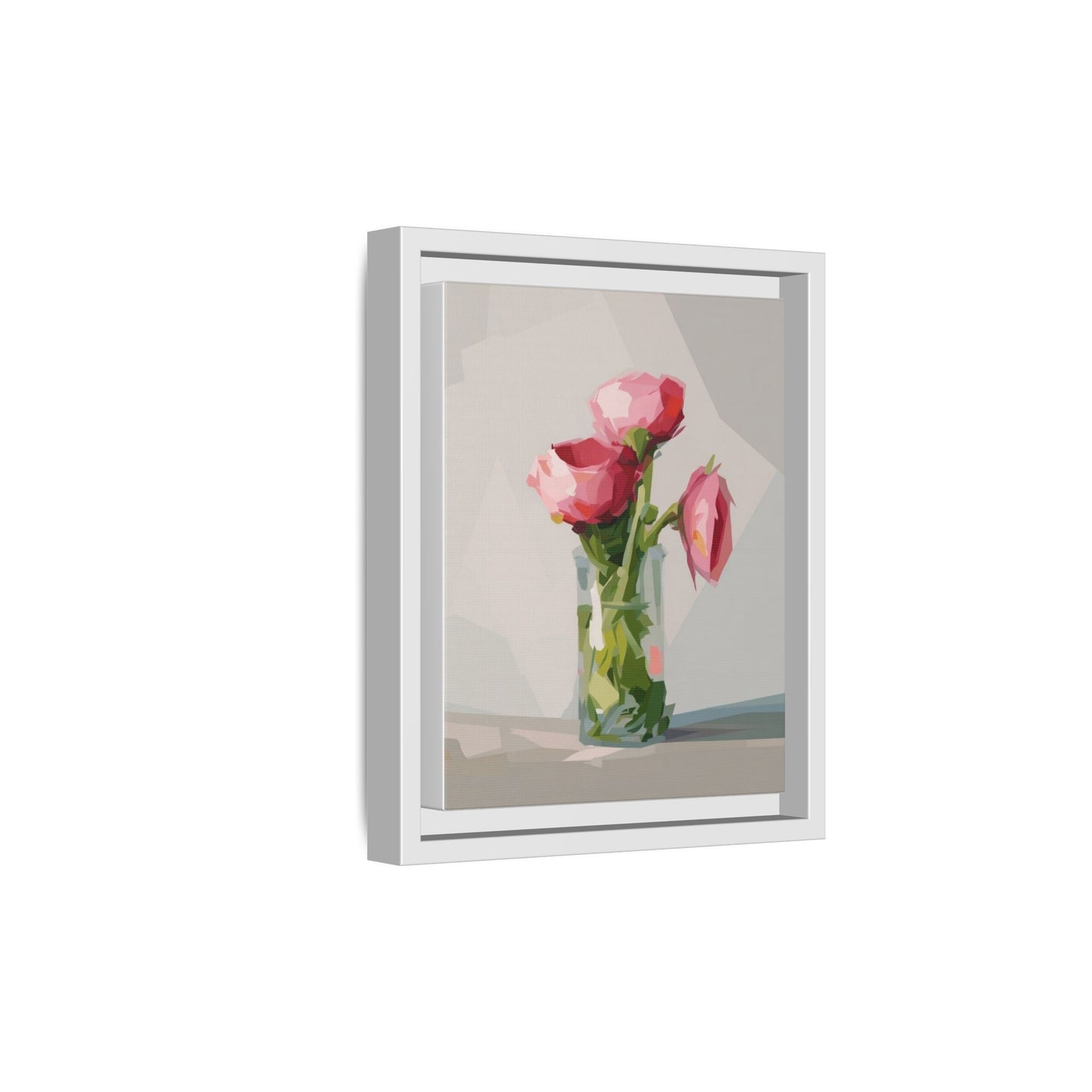 Framed Canvas Art — Pink Roses in Vase, Modern Floral Wall Print