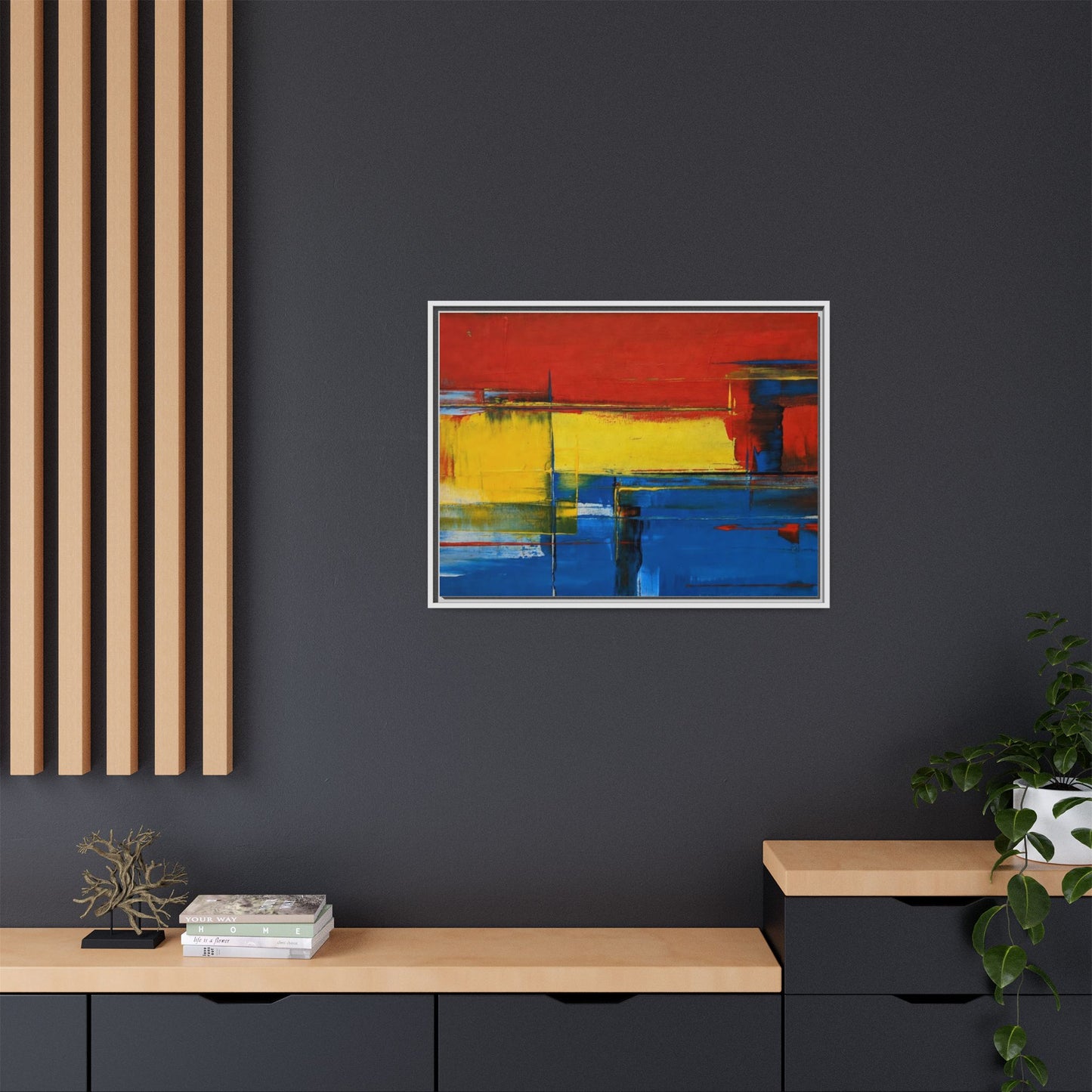 Abstract Color Block Matte Canvas Framed Wall Art — Modern Red Yellow Blue Painting
