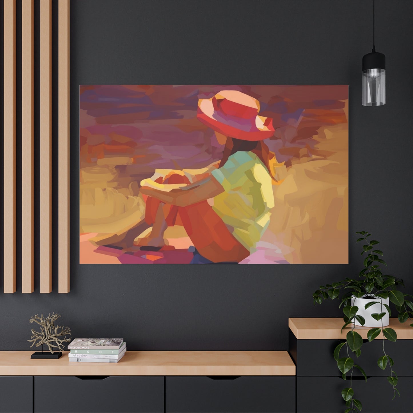 Sunset Daydream Canvas Art — Girl in Hat Matte Stretched Wall Art