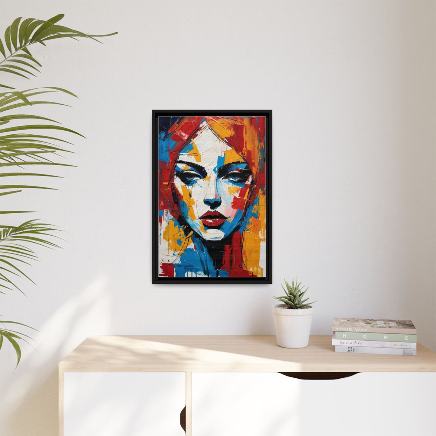 Framed Abstract Portrait Canvas — Colorful Female Face Wall Art