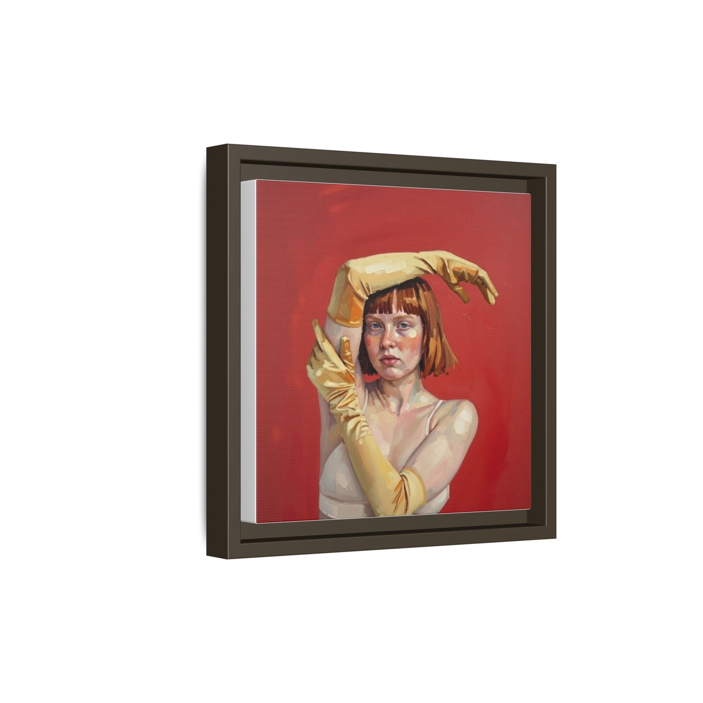 Framed Matte Canvas Art - Portrait of Woman in Yellow Gloves (Red Background)