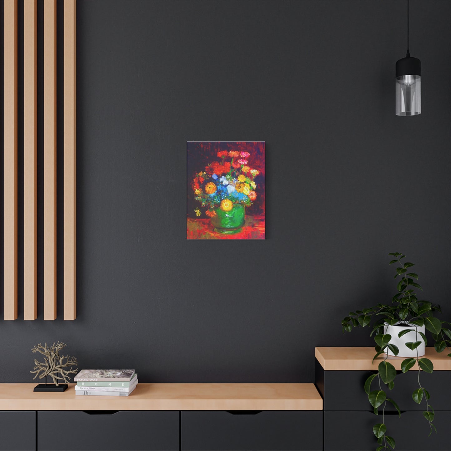 Floral Still Life Canvas Print — Vibrant Bouquet in Green Vase