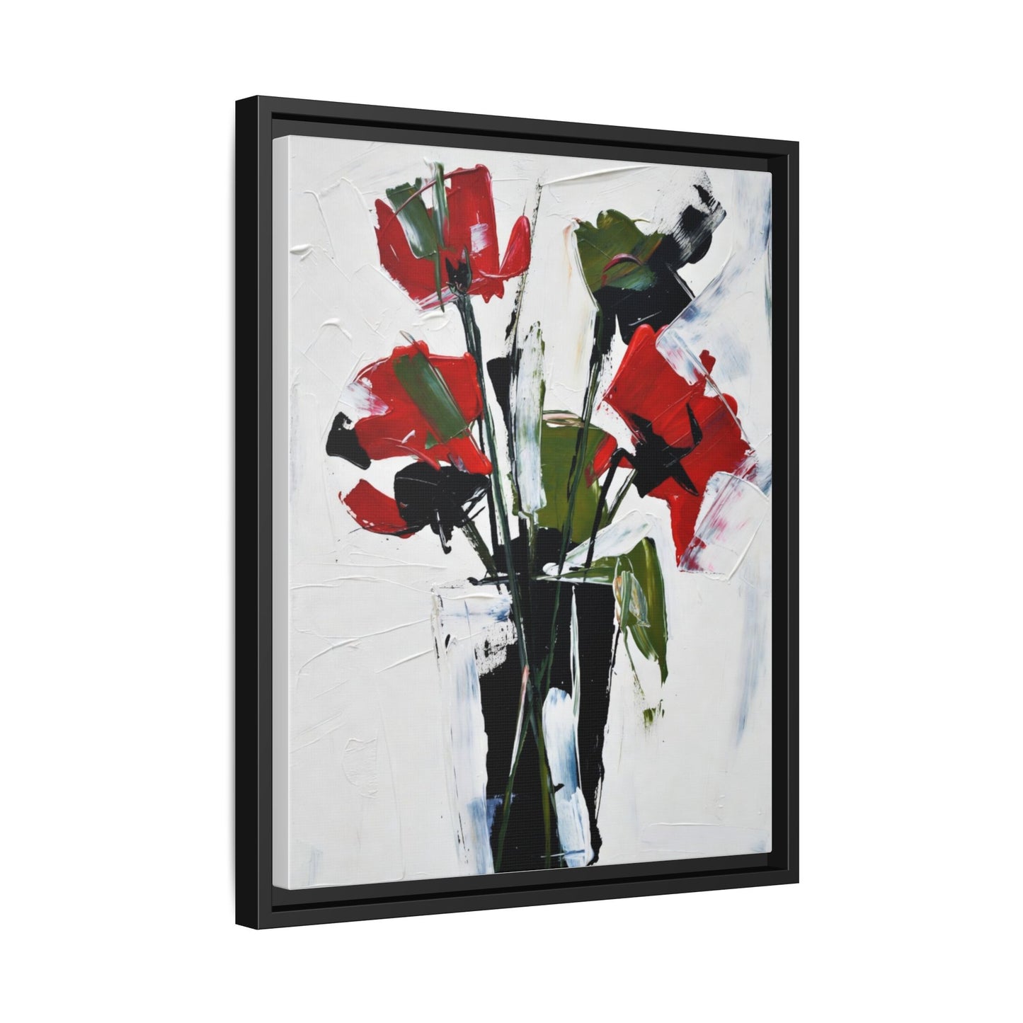 Framed Abstract Floral Canvas Print — Red Poppies in Black Vase