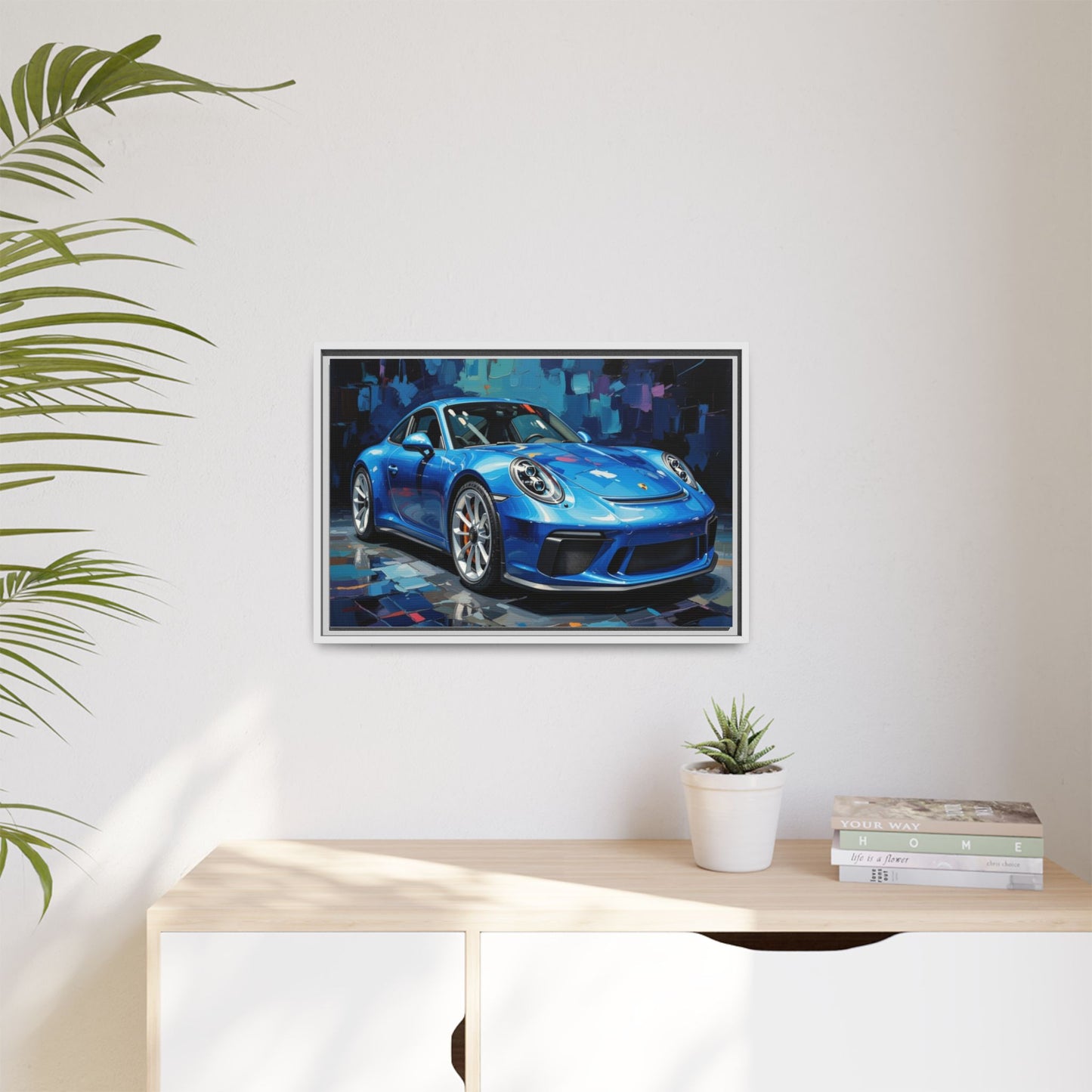 Blue Sports Car Matte Canvas Framed Print — Modern Automotive Wall Art