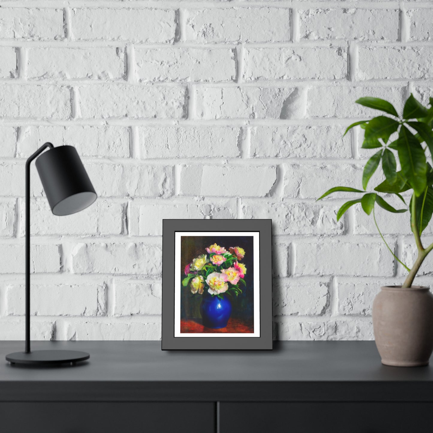 Framed Floral Poster — Pink Peonies in Blue Vase Wall Art