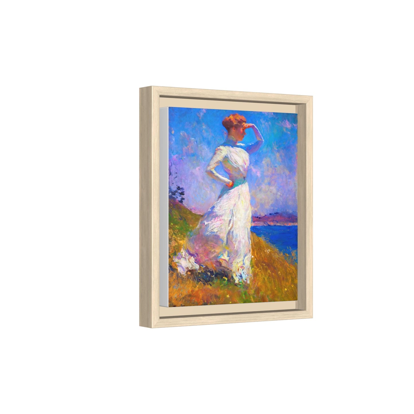 Framed Matte Canvas Art - Woman in White Seaside Impressionist Print
