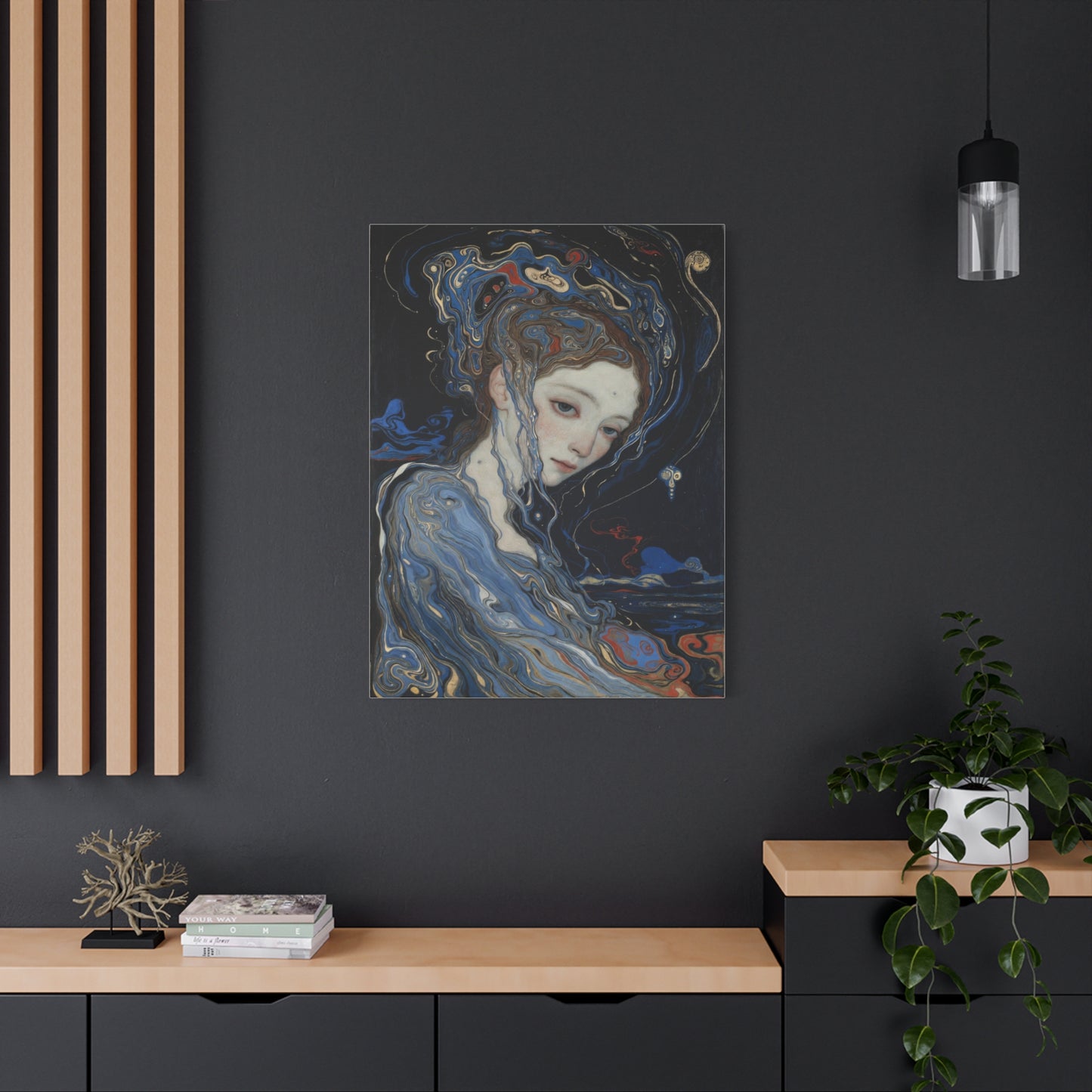 Ethereal Siren Matte Canvas Wall Art — Surreal Blue Portrait, Stretched 1.25"