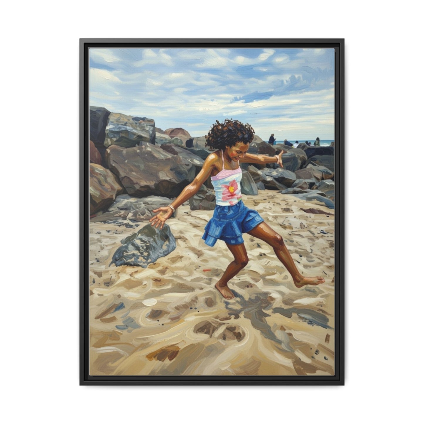 Framed Canvas Art - Girl Dancing on the Beach (Matte Multi-Color)