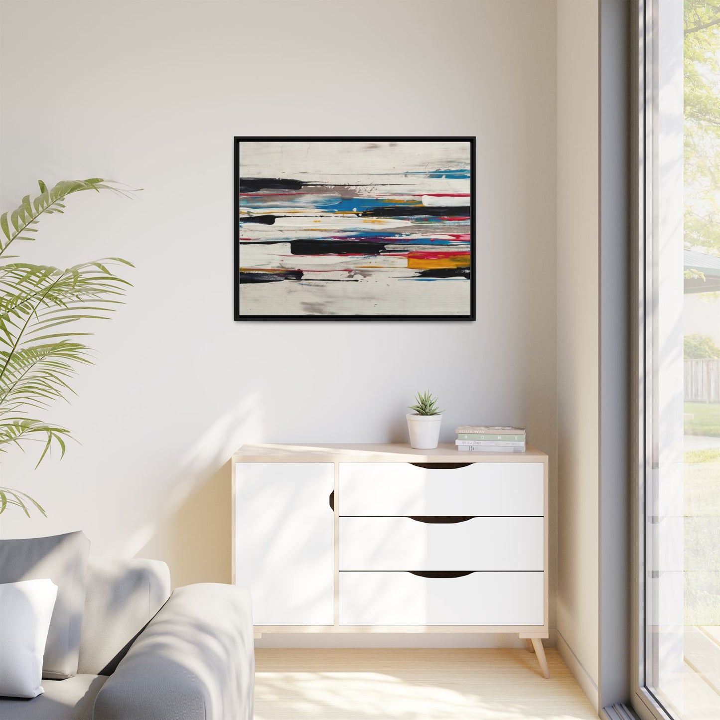 Abstract Multi-Color Framed Canvas Wall Art — Modern Horizontal Brushstroke Print