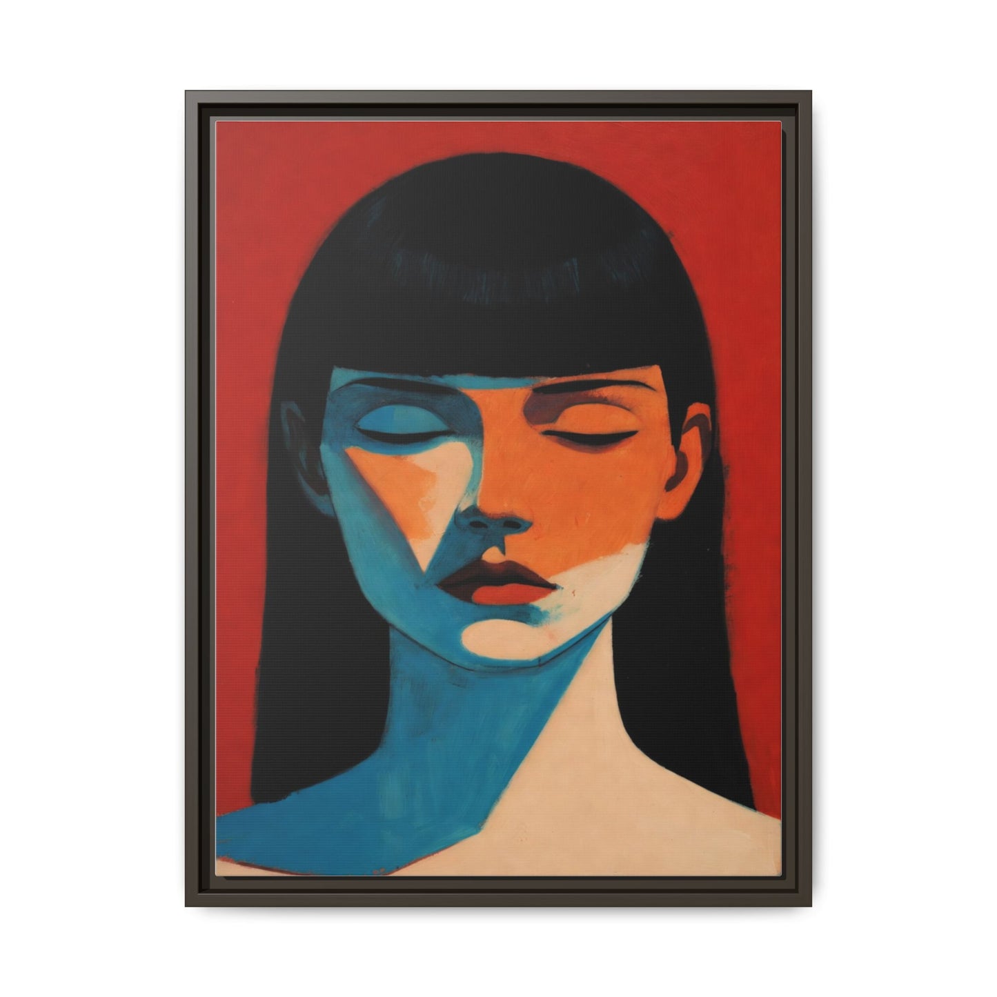 Framed Matte Canvas Art – Minimalist Portrait in Red & Teal