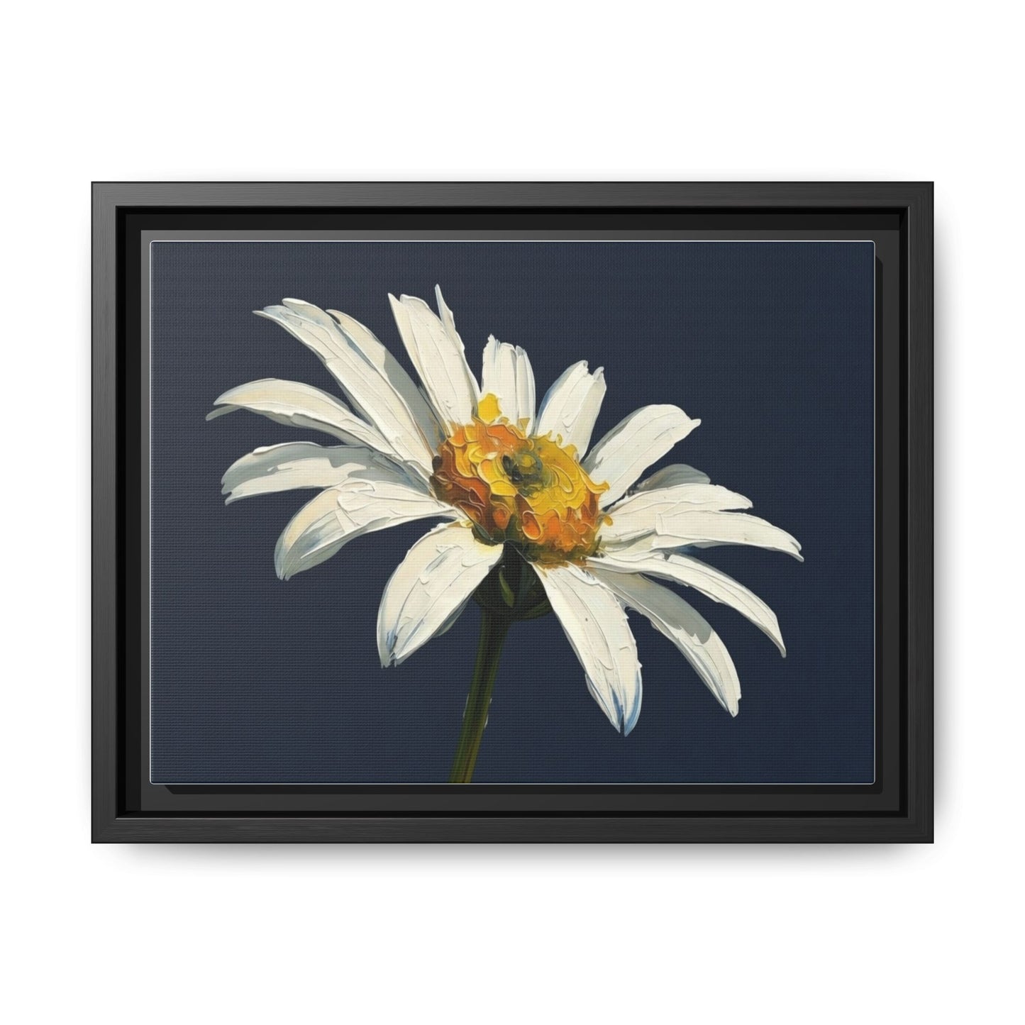 Framed Matte Canvas Daisy Wall Art — White Floral Painting on Navy