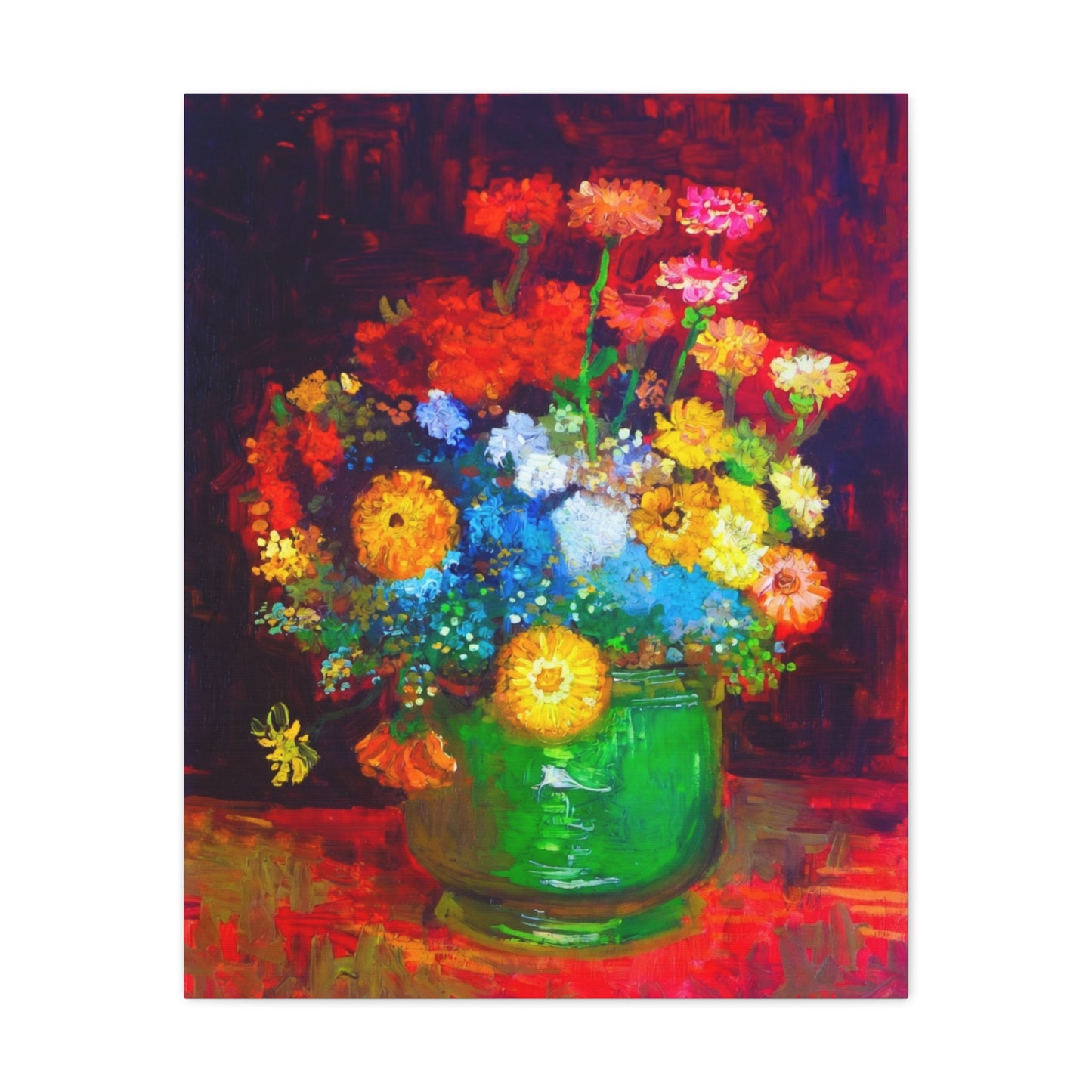 Floral Still Life Canvas Print — Vibrant Bouquet in Green Vase