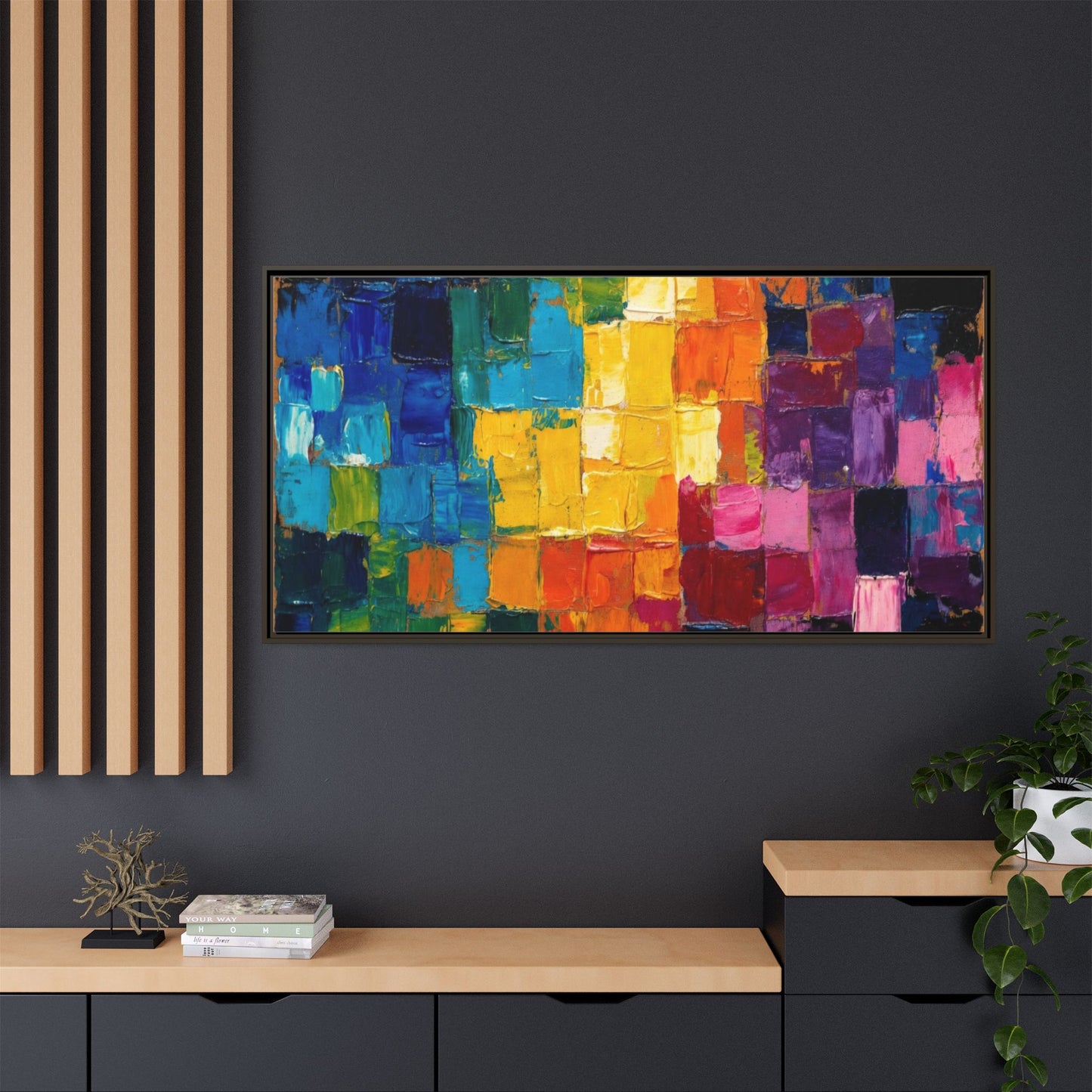 Abstract Rainbow Mosaic Framed Canvas Print — Colorful Modern Wall Art