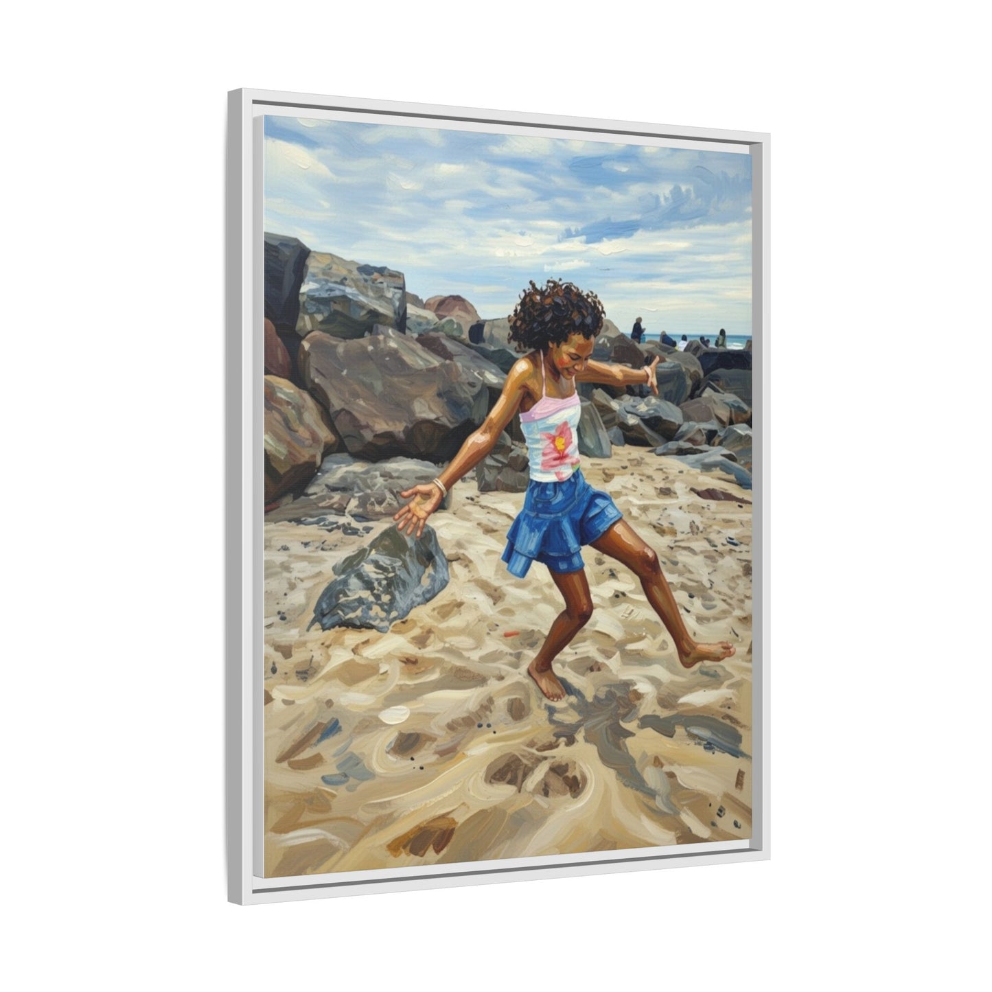 Framed Canvas Art - Girl Dancing on the Beach (Matte Multi-Color)