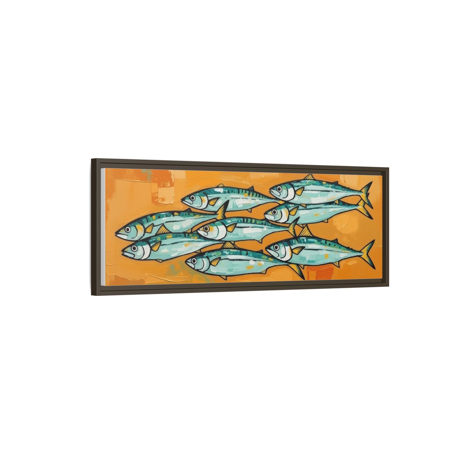 Framed Matte Canvas Print — School of Blue Fish on Orange Abstract Background