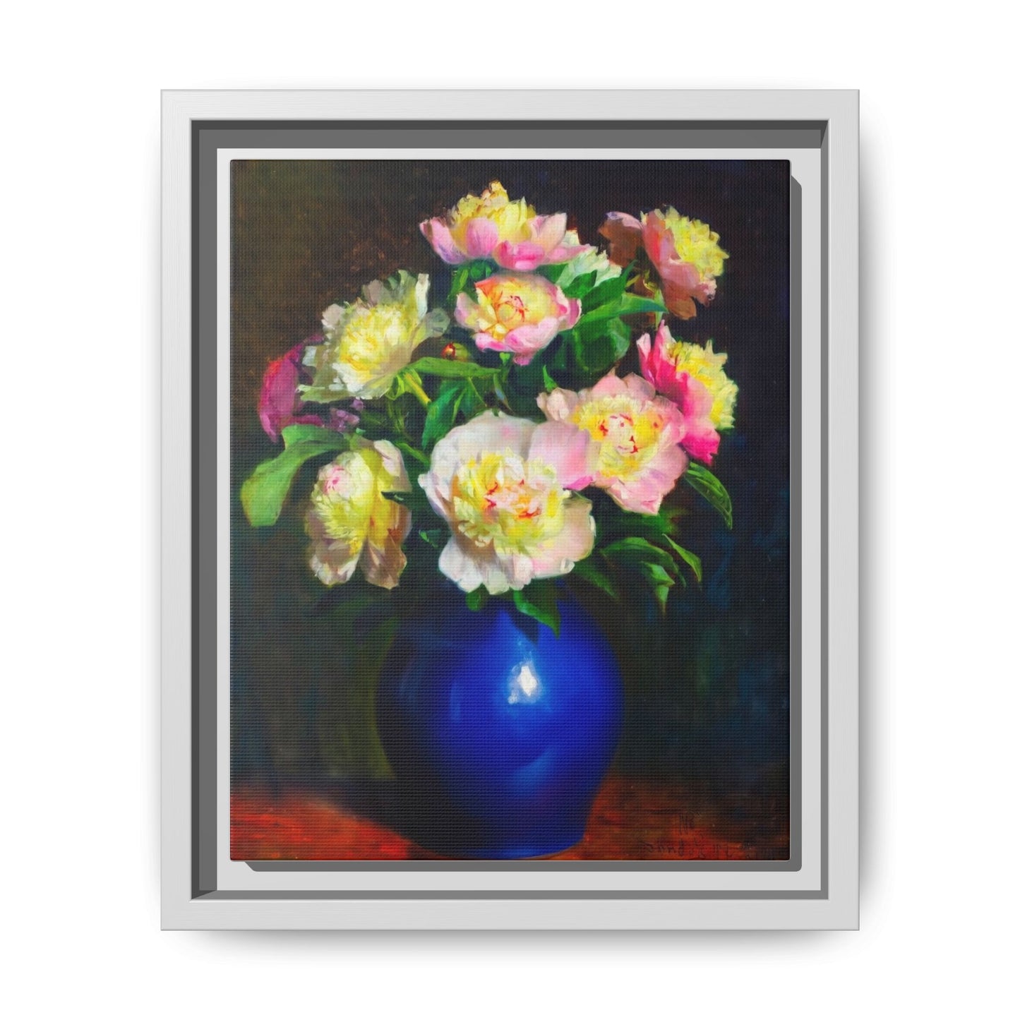 Framed Matte Canvas Wall Art — Vintage Floral Bouquet in Blue Vase