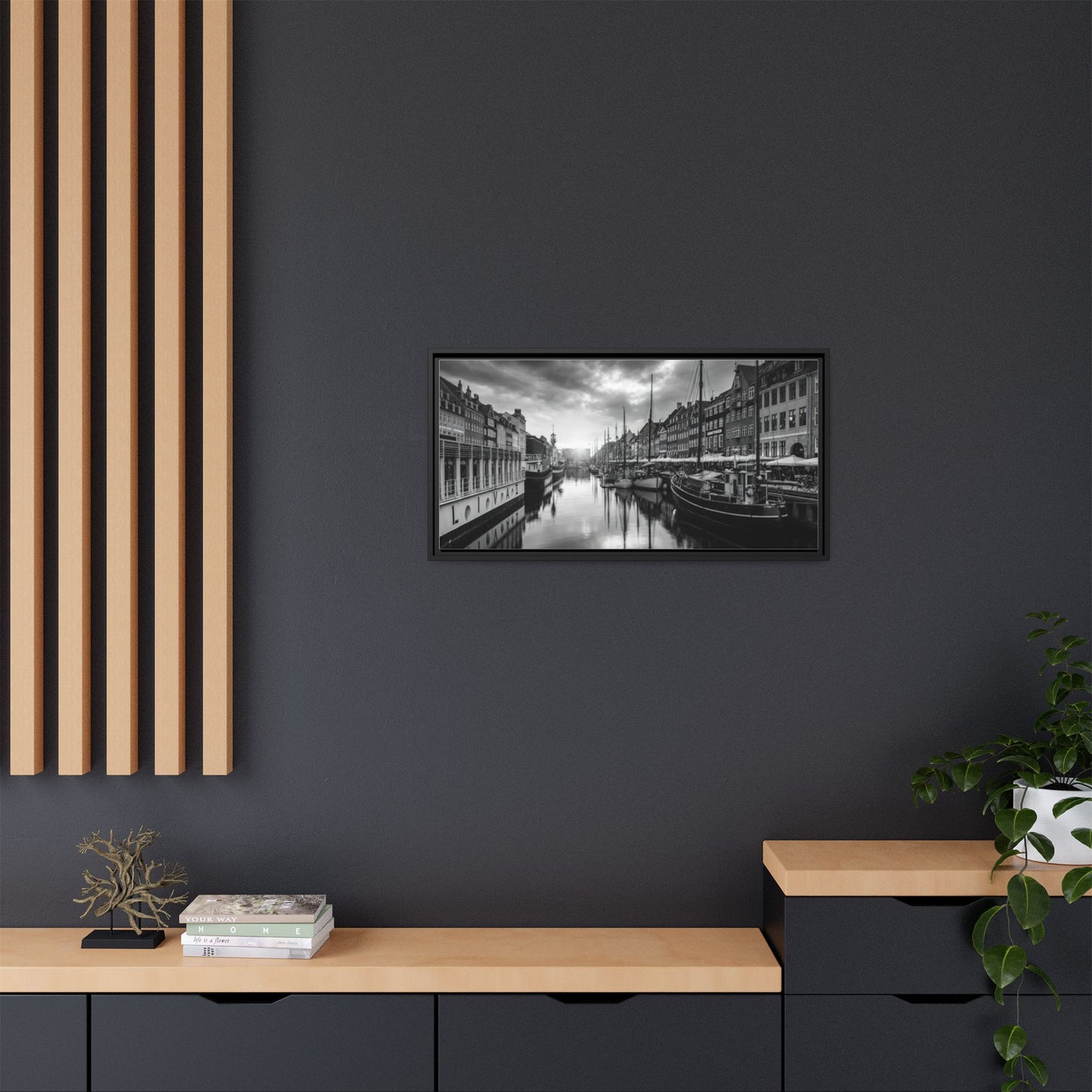 Framed Matte Canvas: Black & White Dutch Canal Photography Wall Art