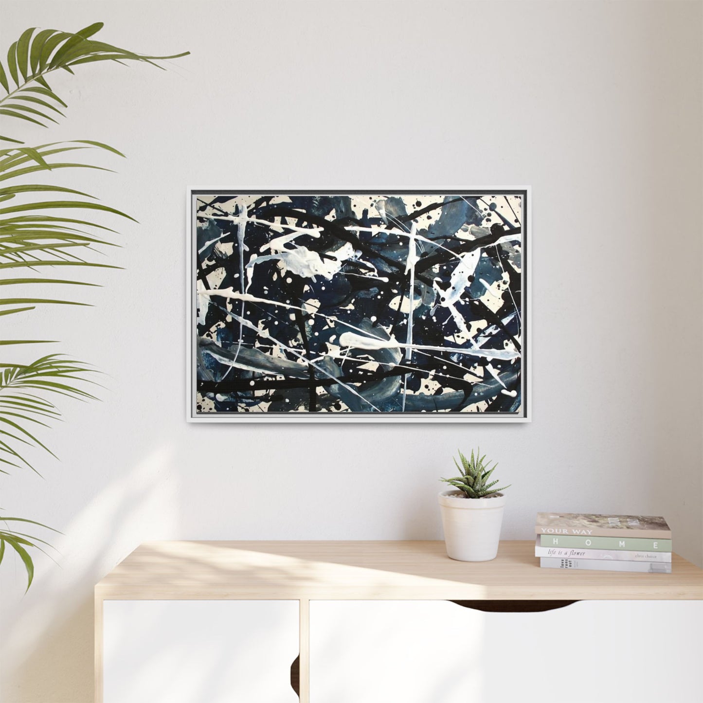 Abstract Splatter Matte Canvas Framed Wall Art — Black & Blue Modern Art Print