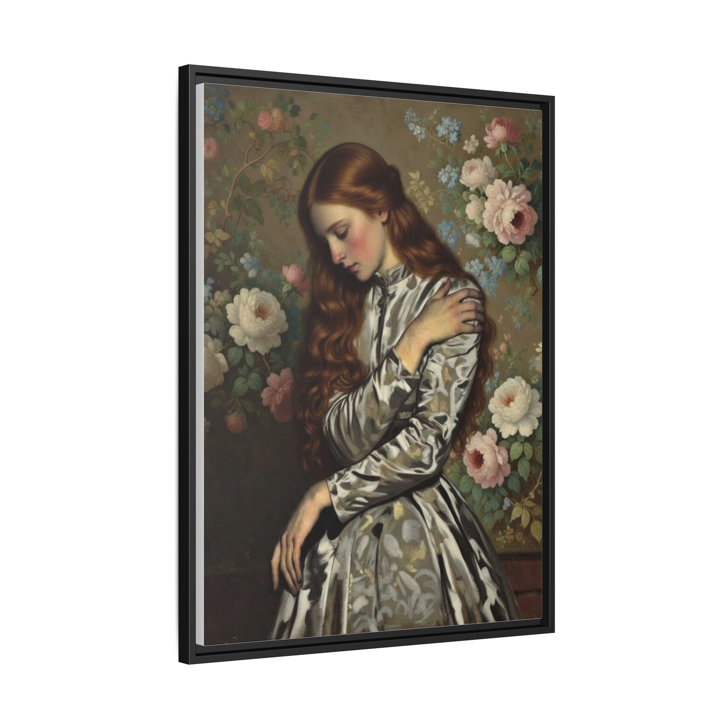 Framed Matte Canvas Art — Vintage Floral Portrait of a Young Woman