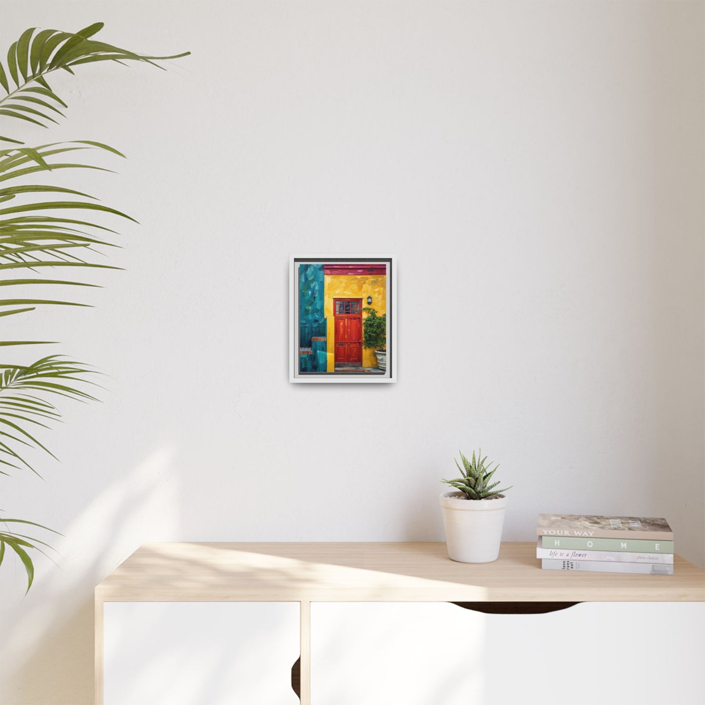 Framed Matte Canvas Wall Art — Colorful Red Door on Yellow Facade