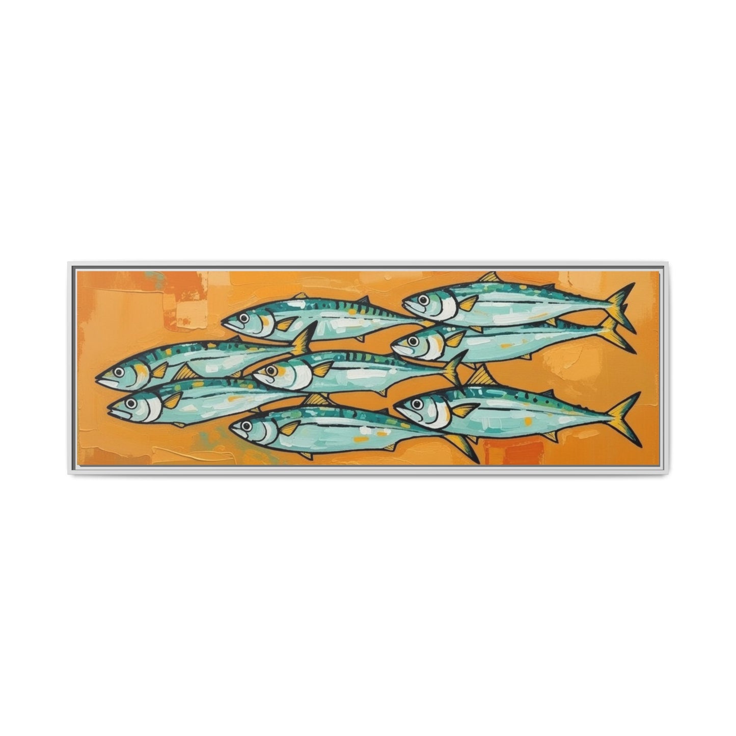 Framed Matte Canvas Print — School of Blue Fish on Orange Abstract Background