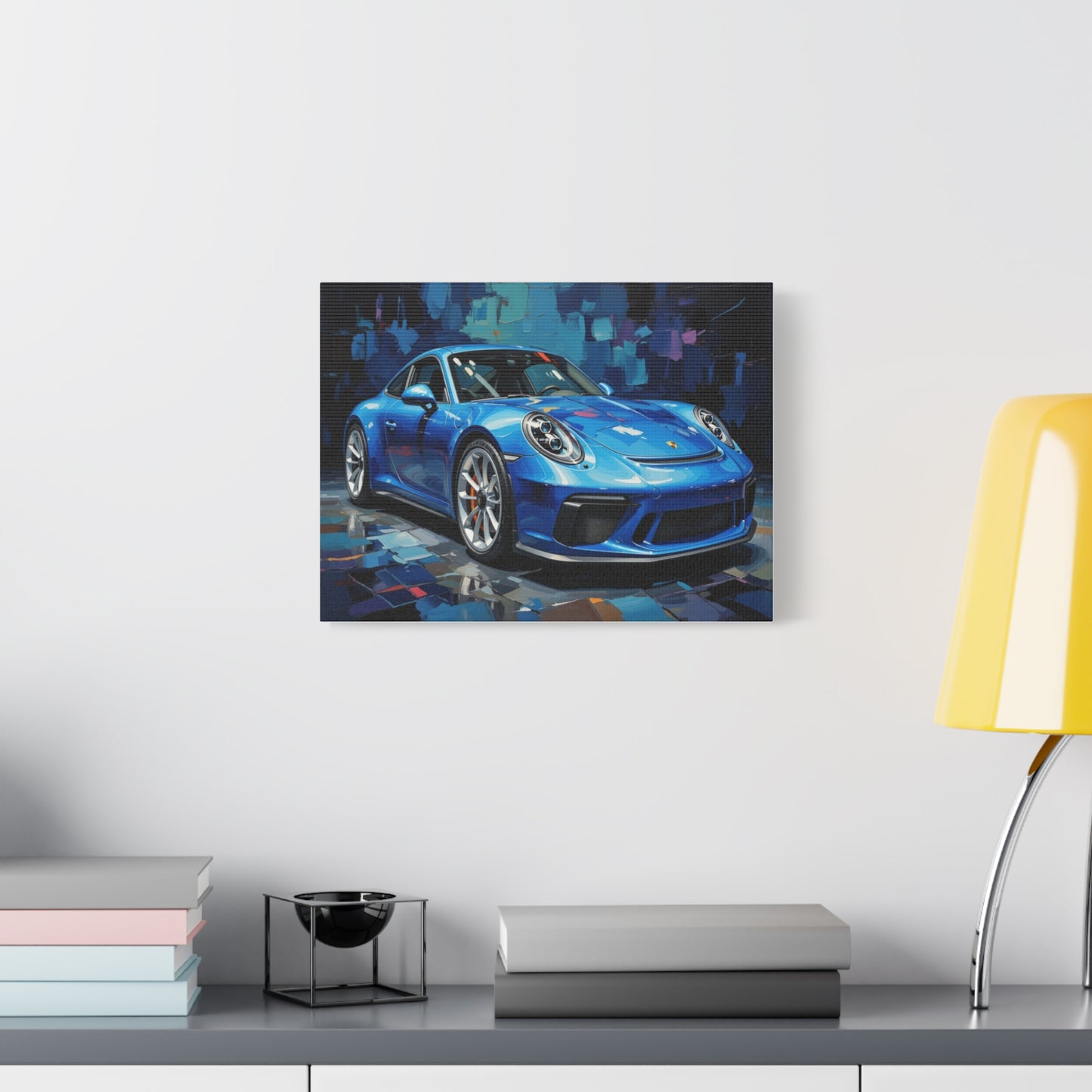 Blue Sports Car Canvas Wall Art — Modern Automotive Painting on Stretched Matte Canvas