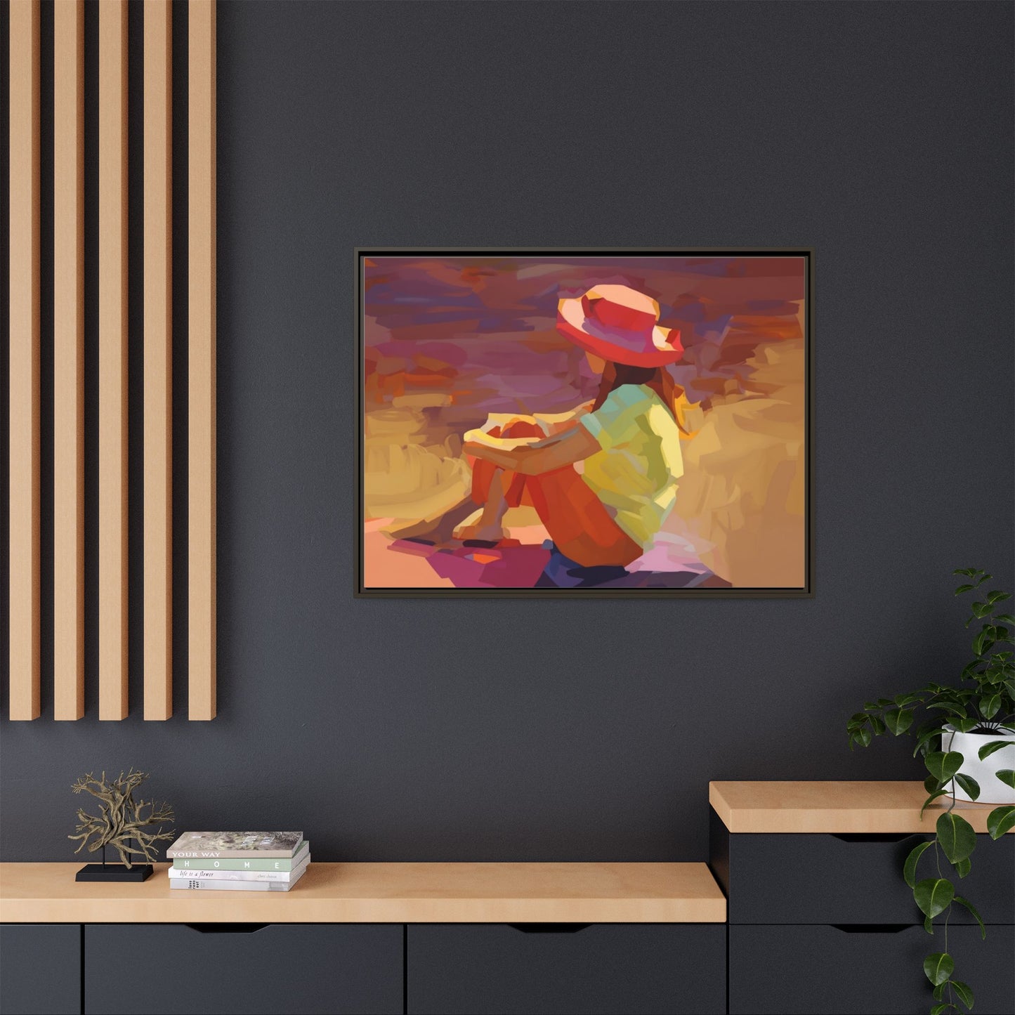 Framed Matte Canvas — Colorful Seated Girl Beach Art