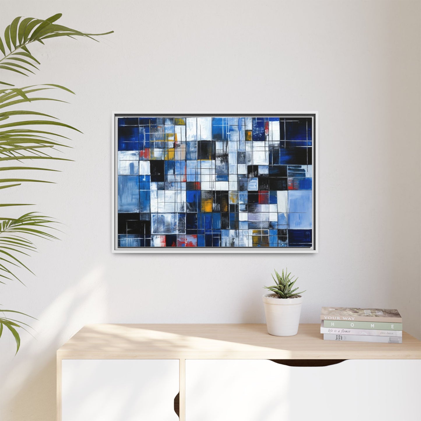 Abstract Blue Grid Matte Canvas Framed Art Print
