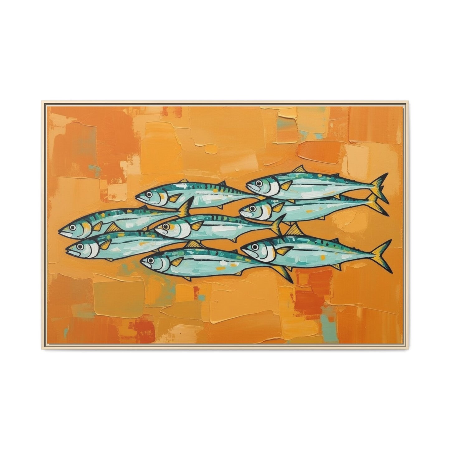 Framed Matte Canvas Print — School of Blue Fish on Orange Abstract Background