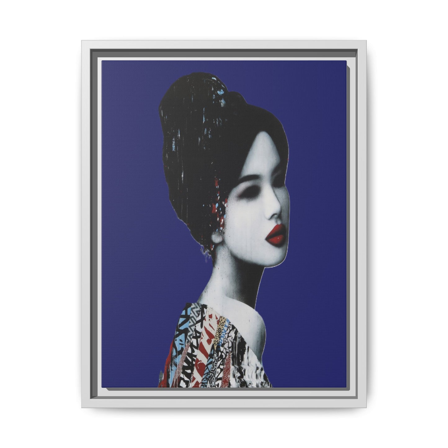 Framed Matte Canvas Art — Elegant Geisha Portrait on Deep Blue