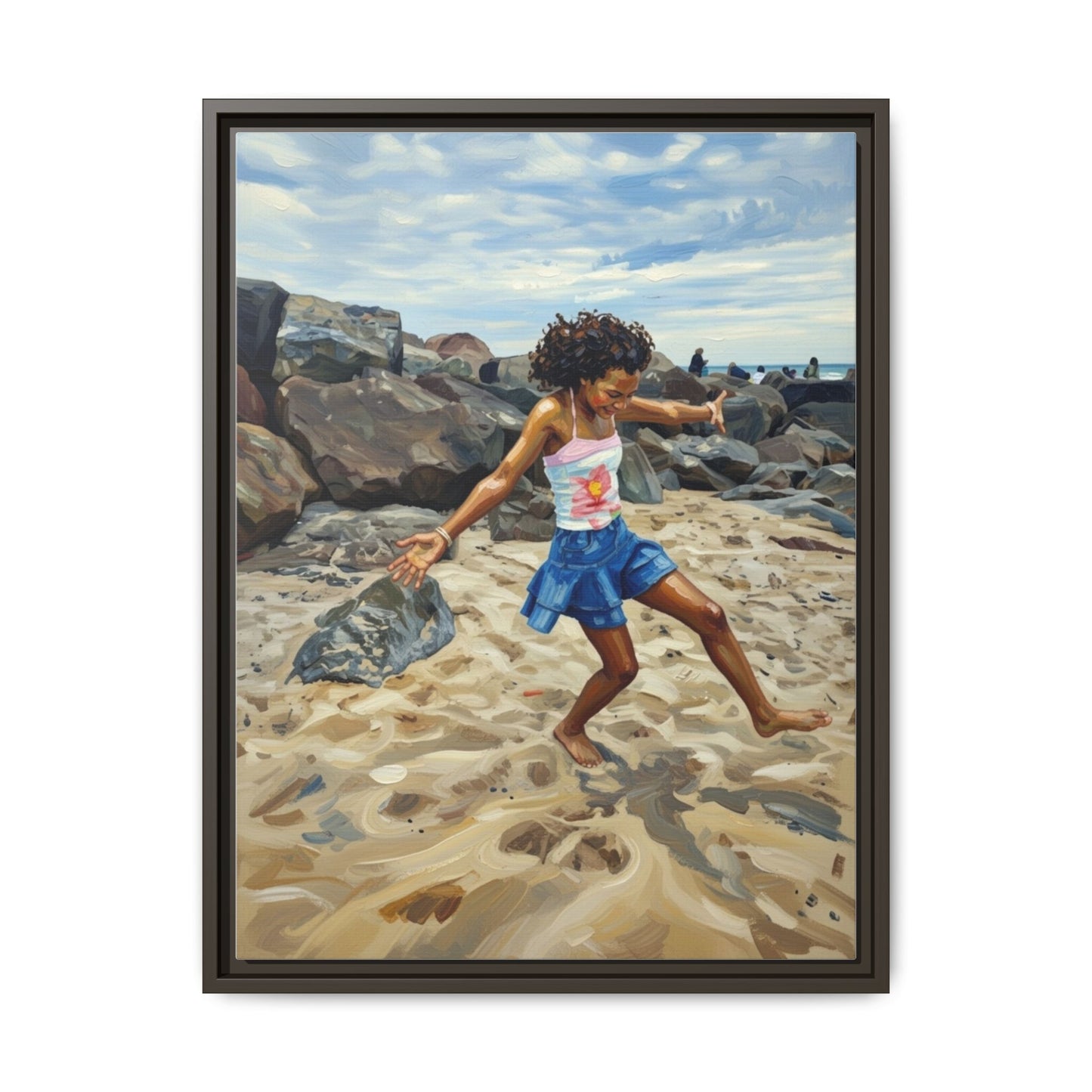 Framed Canvas Art - Girl Dancing on the Beach (Matte Multi-Color)