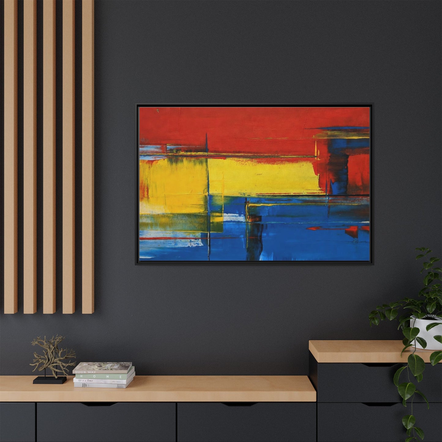 Abstract Color Block Matte Canvas Framed Wall Art — Modern Red Yellow Blue Painting